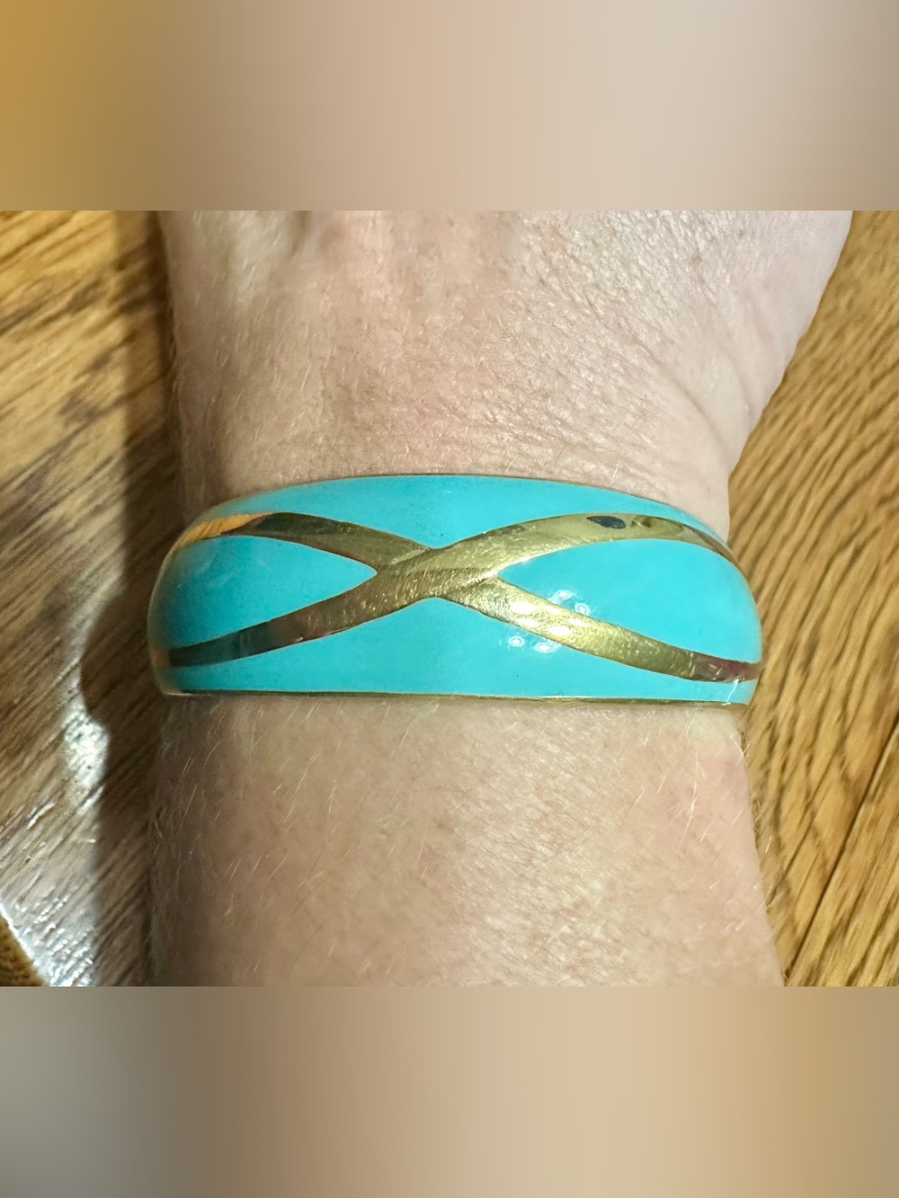 Vintage Turquoise Enamel cuff Bracelet with Gold Crisscross Accent